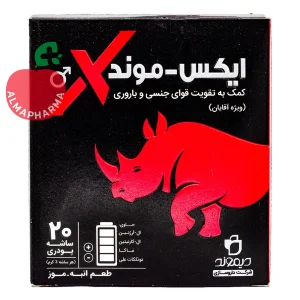 نمای جلویی ساشه ایکس موند دیموند 20 عددی با طعم انبه موز برای تقویت قوای جنسی آقایان