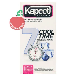 نمای جلویی کاندوم تاخیری کاپوت مدل 7 Cool Time تعداد 12 عدد با رایحه بلوبری، خاصیت خنک کننده و لوبریکانت مضاعف