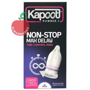 نمای جلویی کاندوم کاپوت مدل Non Stop Max Delay تعداد 10 عدد با حلقه کنترل انزال و ماده تاخیری