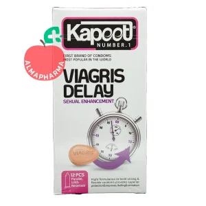 نمای جلویی کاندوم کاپوت مدل Viagris Delay تعداد 12 عدد با حس گرما، ماده تاخیری و لوبریکنت حاوی نیاسین و ال آرژنین