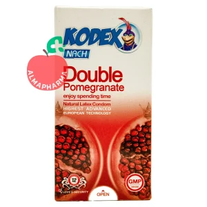 نمای جلویی کاندوم کدکس مدل Double Pomegranate با عصاره انار، لاتکس طبیعی و بسته بندی جعبه ای
