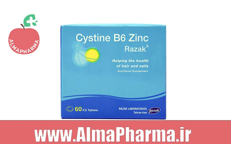 بنر نمای جلویی قرص سیستین B6 زینک رازک برای تقویت مو، افزایش قطر تار مو و استحکام ناخن